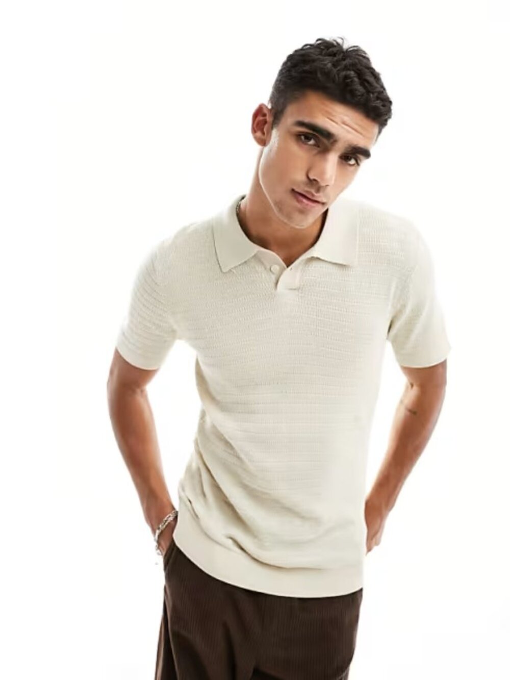 ASOS Selected Homme - Oversized knitted polo shirt - Beige
